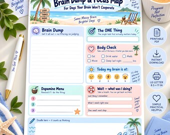 ADHD Brain Dump & Focus Map Planner, Neurodivergent Executive Function PDF (Instant Download)