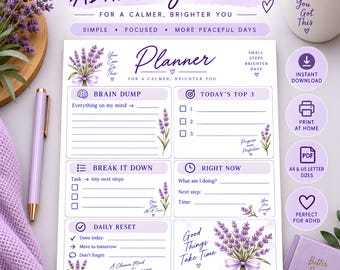 ADHD Daily Planner | Undated Planner Pad | Adult Focus Printable, Lavender Organizer, Brain Dump & Productivity