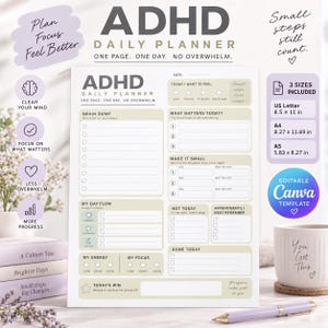 ADHD向けデイリープランナー – アイデアの書き出し、タスクの細分化、エネルギートラッカー（デジタルPDF）