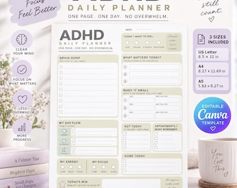 ADHD Daily Planner – Brain Dump, Task Breakdown, Energy Tracker (Digital PDF)