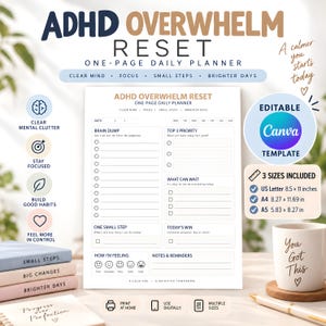 Peut inclure: Un modèle de planificateur quotidien intitulé ADHD Overwhelm Reset avec des sections pour le brain dump, les priorités et les habitudes. Il inclut trois formats : US Letter 8,5 x 11 pouces, A4 21,0 x 29,7 cm et A5 14,8 x 21,0 cm, modifiable sur Canva.