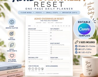 ADHD Daily Planner Printable, Brain Dump & Focus, One-Page System (Digital Download)