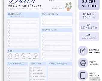 ADHD Brain Dump Planner | Executive Function, Time Blocking, Task Breakdown (Digital Download)