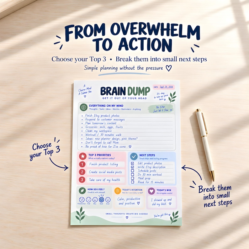 ADHD Daily Brain Dump Printable Planner Worksheet Digital Day Task and ...