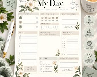 Brain Dump & Calming Floral Daily Planner for Organizing Tasks, Self-Care and Gratitude