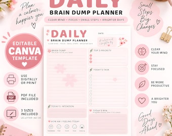 ADHD Daily Brain Dump Planner | Minimalist Task Breakdown (Editable Canva Template)