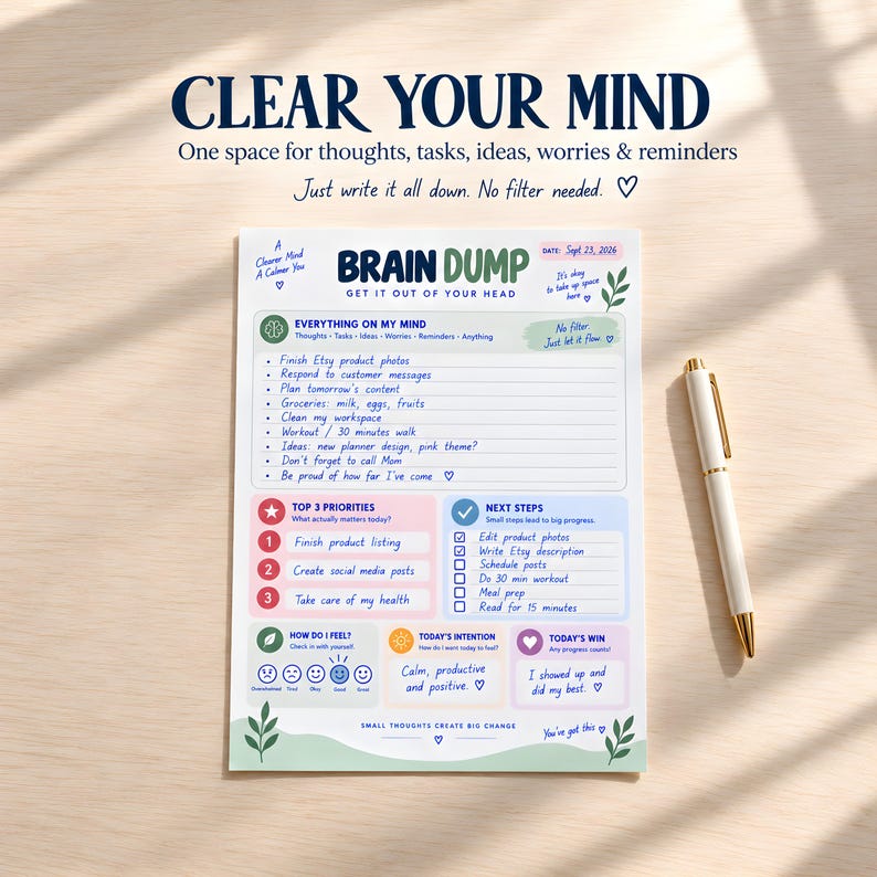 ADHD Daily Brain Dump Printable Planner Worksheet Digital Day Task and ...