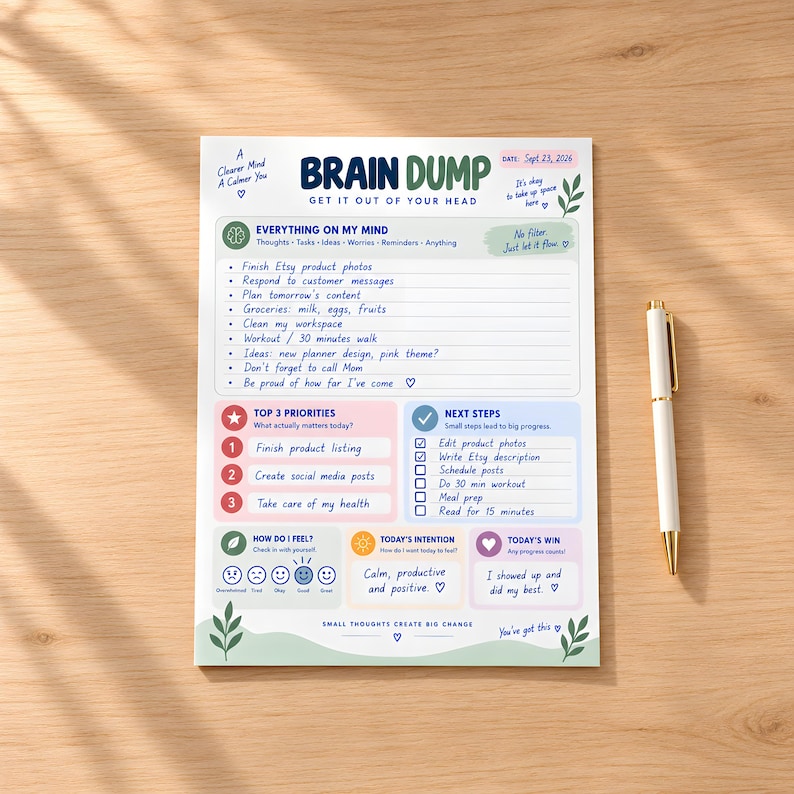 ADHD Daily Brain Dump Printable Planner Worksheet Digital Day Task and ...