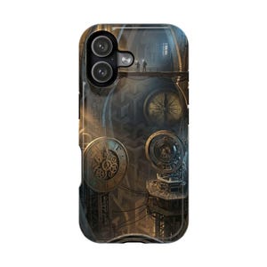 May include: A rectangular phone case featuring a dark, intricate illustration of a mechanical clockwork landscape. The design includes large circular clock faces, complex gears, and small silhouetted figures standing on a bridge above the machinery.