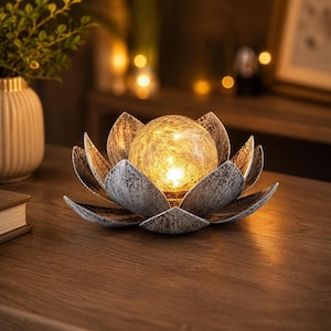 Metal Solar Lotus Light, Crackle Glass Globe, Metal Flower Lantern, Garden Decor (Waterproof)