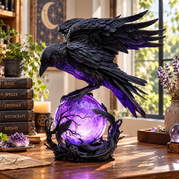 Gothic Raven LED Lamp, Mysterious Crow on Glowing Orb, Dark Academia Home Decor, Halloween Raven Sculpture,