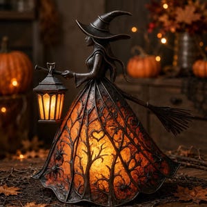 May include: A dark-toned witch figurine wearing a pointed hat and holding a glowing lantern. The dress features a translucent orange panel decorated with black silhouettes of bare trees, spiders, and a heart shape. A broomstick extends from the back.