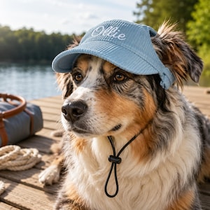 May include: A light blue corduroy pet hat featuring the name Ollie embroidered in white script on the front. The hat includes a black adjustable chin strap with a plastic toggle to secure it under the chin, designed for a dog's head.
