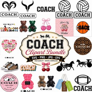 Pode incluir: Uma coleção digital de gráficos da marca Coach incluindo logotipos, texto, ursos de pelúcia, cerejas, bolas esportivas, tênis e silhuetas de carruagens. O texto central diz COACH Clipart Bundle SVG PNG JPG EPS.