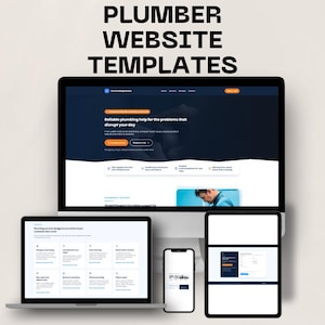 May include: A digital display of plumber website templates featuring a desktop monitor, a laptop, a smartphone, and a tablet. The screens show a dark blue and white interface with orange buttons and text reading PLUMBER WEBSITE TEMPLATES.