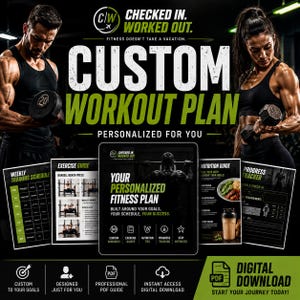 Peut inclure: Un plan d'entraînement personnalisé numérique comprenant un programme hebdomadaire, un guide d'exercices, un guide nutritionnel et un suivi de progression. Le texte indique : CHECKED IN. WORKED OUT. CUSTOM WORKOUT PLAN. TÉLÉCHARGEMENT NUMÉRIQUE.
