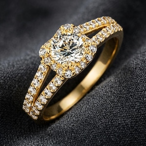 Op de afbeelding: Een gouden ring met een grote ronde centrale steen omringd door een halo van kleinere heldere stenen. De band is gespleten in twee parallelle rijen, elk ingelegd met een lijn van kleine heldere stenen die uit de centrale zetting komen.