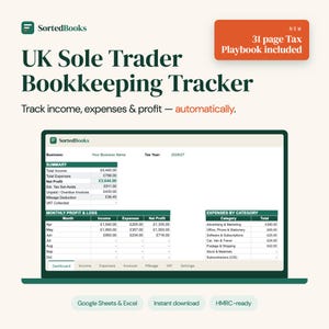Op de afbeelding: Een digitaal boekhoudprogramma voor Britse eenmanszaken weergegeven op een scherm. De interface bevat een overzicht van inkomsten, uitgaven en nettowinst, een maandelijkse winst- en verliesrekening en een sectie met uitgaven per categorie.