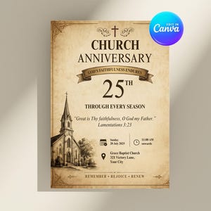 Puede incluir: Un folleto de aniversario de iglesia de estilo vintage sobre papel tipo pergamino. Incluye un boceto de una iglesia, el texto CHURCH ANNIVERSARY, 25TH, GOD'S FAITHFULNESS ENDURES, THROUGH EVERY SEASON, y detalles para el domingo 20 de julio de 2025.
