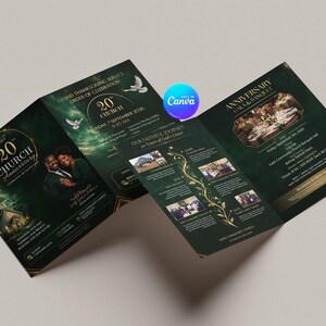 May include: A tri-fold church anniversary program brochure in dark green with gold accents. The cover features a photo of a couple, a church building, and doves. Text includes 20th Church Anniversary, Grand Thanksgiving Service, and Gala & Banquet details.
