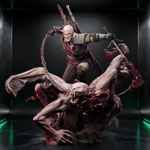 May include: A detailed figurine of a white-haired warrior in dark red and brown armor, wielding a silver sword and a chain, standing over a pale, muscular, winged creature with sharp teeth and red accents on a dark, textured base.