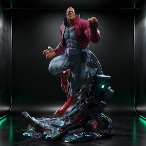 May include: A muscular, bald, one-eyed humanoid figurine wearing a red jacket over a grey bodysuit with a dark blue utility belt. The figure stands in a dynamic pose atop a complex, dark mechanical base featuring glowing green and red light accents.