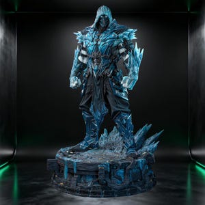 May include: A detailed collectible figurine of a warrior clad in intricate blue and black armor with crystalline ice-like protrusions on the shoulders and arms. The figure wears a hooded mask and stands on a circular base textured like frozen stone.