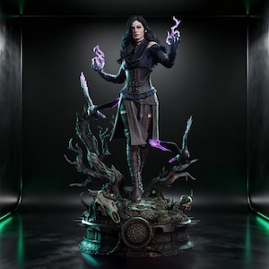 May include: A detailed figurine of a dark-haired figure wearing a black corset, skirt, and tall boots. The figure holds glowing purple magical energy in both hands. The base features twisted tree branches, two black ravens, and animal skulls.