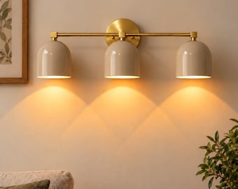 Handcrafted Brass 3-Light Wall Sconce, Beige Dome Shades, Mid-Century Modern Vanity Fixture