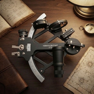 Puede incluir: Un sextante Tamaya 1712 de metal negro con un arco graduado en tono plateado, un telescopio central y varios filtros circulares ajustables. El instrumento cuenta con un brazo de índice preciso, una escala vernier y un marco con recortes.