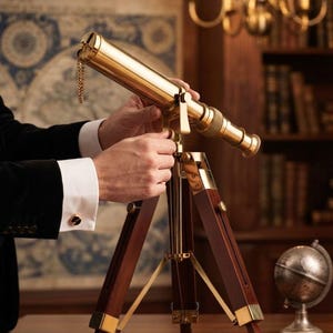 Peut inclure: Un télescope en laiton poli monté sur un trépied en bois foncé avec des accents en laiton. Le télescope présente un corps cylindrique avec une petite chaîne attachée et un oculaire à plusieurs sections, soutenu par trois pieds réglables.