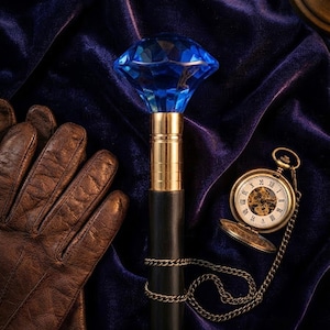 May include: A walking stick featuring a faceted blue diamond-shaped topper, a gold-toned metal collar, and a black shaft. Beside it are a pair of brown leather gloves and a gold-toned pocket watch with a visible mechanical movement and a chain.
