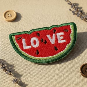 May include: A watermelon slice shaped embroidered patch featuring a red interior with black teardrop-shaped seeds and the white embroidered text LOVE. The patch has a thick green rind border and is stitched with a dense thread texture.