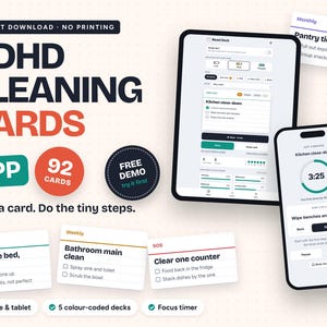 Peut inclure: Application numérique de cartes de nettoyage TDAH avec une tablette et un smartphone affichant des listes de tâches, des minuteurs et des listes de contrôle. Le texte inclut ADHD CLEANING CARDS, 92 CARDS, FREE DEMO et diverses tâches ménagères.