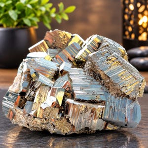 Könnte beinhalten: Eine Ansammlung roher Pyritkristalle mit metallisch messinggelben, würfelförmigen Formationen und reflektierenden, gestreiften Oberflächen. Das Mineralexemplar zeigt scharfe, geometrische Kanten und eine dichte, facettierte Struktur mit goldenen Tönen.