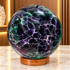 May include: A polished spherical stone orb featuring deep purple and emerald green hues with a complex network of white veining throughout the surface. The sphere is mounted on a circular, light brown wooden base with a smooth, natural grain finish.