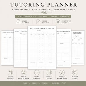 May include: A digital tutoring planner set featuring six essential pages including an attendance and payment tracker, weekly schedule, and student progress tracker. Available in A4, 21 by 29.7 cm, A5, 14.8 by 21 cm, and US Letter sizes for instant download.