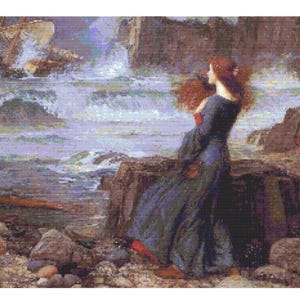 May include: A cross stitch pattern depicting a person with long red hair wearing a dark blue dress, standing on a rocky shore. In the background, a ship is visible amidst crashing ocean waves and jagged cliffs under a cloudy sky.