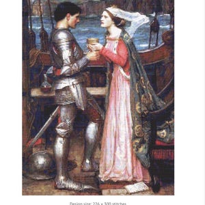 May include: A cross stitch pattern depicting a knight in silver plate armor and a person in a long pink dress with a dark green cloak, holding a golden chalice together on a ship. The design size is 226 x 300 stitches, featuring a detailed scene.