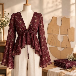 Op de afbeelding: Een diepbordeauxrode blouse met lange mouwen, een delicaat bloemenpatroon, een diepe V-hals met een striksluiting in het midden en uitlopende klokmouwen. De blouse wordt getoond op een paspop naast papieren naaipatronen en stof.