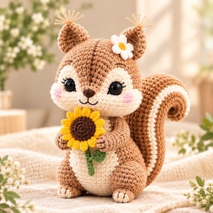 Puede incluir: Un peluche de ardilla tejido a ganchillo con hilo marrón y crema, con grandes ojos negros, mejillas rosadas y orejas con mechones. La ardilla sostiene un girasol amarillo con centro marrón y tallo verde, y lleva una flor blanca en la cabeza.