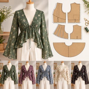 Wrap Blouse Sewing Pattern PDF, Ruffle Peplum Top Pattern, Bell Sleeve Sewing Pattern, Floral Tie Front Blouse, Digital PDF Pattern