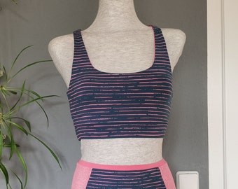 Blue Yoga Top Organic Cotton with Pink Stripes Bralette Sports Bra Bustier Pilates