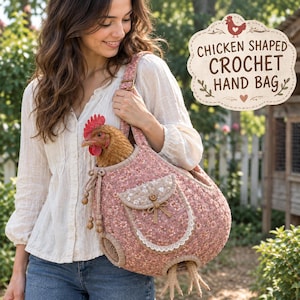 May include: A chicken-shaped crochet handbag featuring a dusty pink floral quilted fabric, a small beige pocket with a button, and a drawstring closure. The bag includes a live brown chicken inside and has decorative crochet chicken feet at the base.