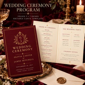 May include: A folded 5 by 7 inch wedding ceremony program template with a deep burgundy cover featuring gold text and a floral crest. The interior displays an order of ceremony and wedding party list in gold and burgundy on a cream background.