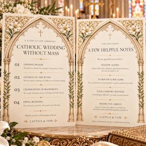 May include: Two rectangular wedding ceremony programs with arched gold borders, white lily illustrations, and black text. The left card is titled Catholic Wedding Without Mass, listing four ceremony steps. The right card is titled A Few Helpful Notes.