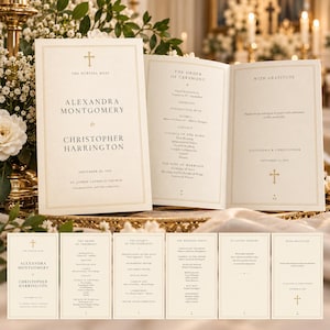 May include: A cream-colored wedding program booklet featuring gold-toned text and cross icons. The front cover displays the names Alexandra Montgomery and Christopher Harrington, while the interior pages detail the order of ceremony and gratitude.