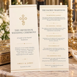 May include: A cream-colored wedding program featuring gold text and a cross icon. The front displays 'THE ORTHODOX WEDDING CEREMONY' and names 'EMILY & JAMES'. The interior lists 'THE SACRED TRADITIONS' including betrothal, crowning, and readings.