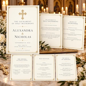 Può includere: Un set di cartoncini per il programma di nozze color crema con bordi in lamina d'oro e icone a croce. Il testo include 'The Sacrament of Holy Matrimony', 'Alexandra & Nicholas', 'September 20, 2026' e dettagli sul rito ortodosso greco.