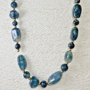 Green Moss Agate Necklace Polished Bead Gold Tone Bead Beautiful 65cm 83g